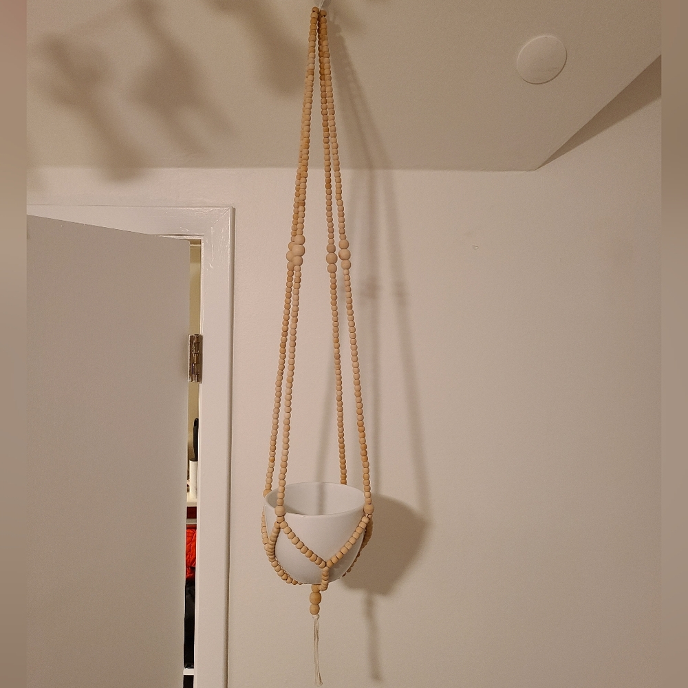 2 White Hanging Planters Beaded Rope - Picture 2 of 5